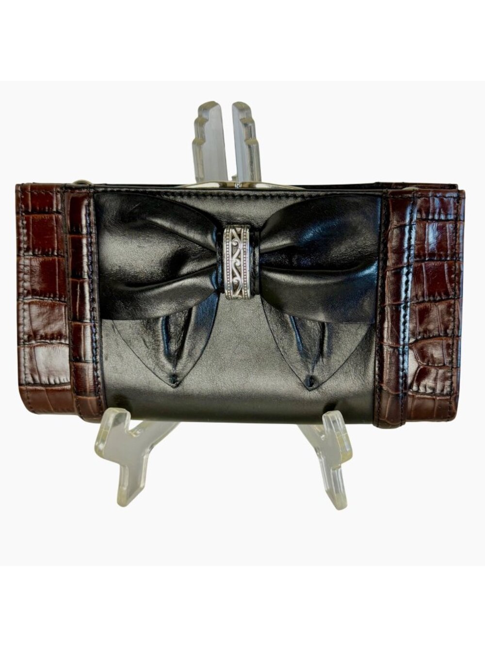 Brighton Vintage Black Leather Clutch Wallet Brown Croc Bow Organizer Bag